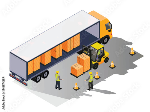 Isometric flat vector illustration of loading boxes onto a truck isolated on transparent background