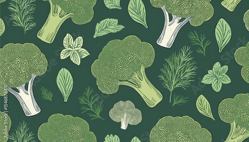 fresh broccoli and herbs seamless pattern