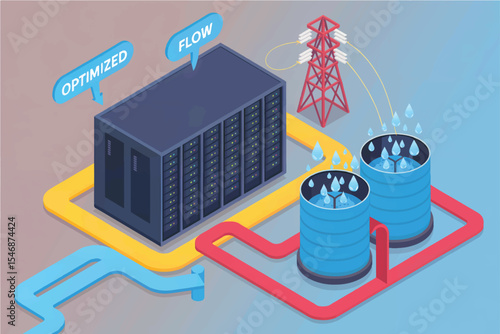 Isometric illustration of optimized water flow system isolated on transparent background