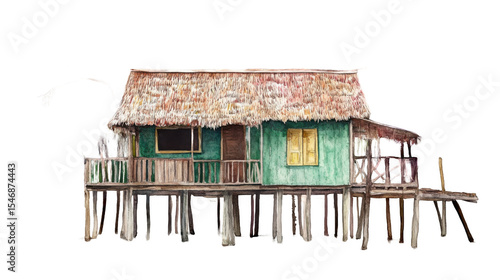 A rustic wooden stilt house with a thatched roof surrounded by tropical vegetation
