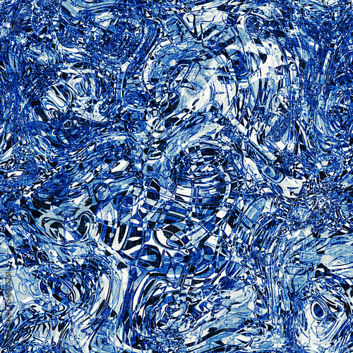 Dye wash indigo blue textur fabric effect background, Seamless glitch patched pattern in masculine Japanese block print style. 