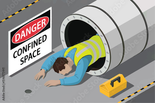 Worker in confined space accident flat vector illustration isolated on transparent background