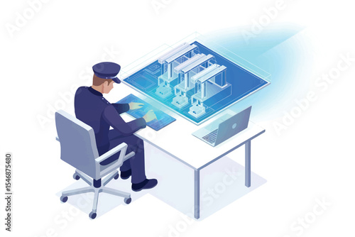 Isometric illustration of a security officer monitoring factory automation system isolated on transparent background