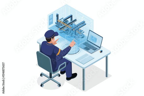 Isometric illustration of a man working with a 3d model of a machine isolated on transparent background