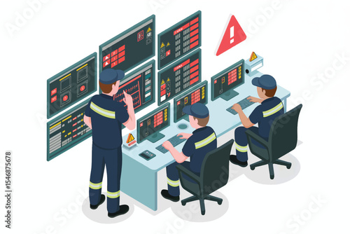 Isometric illustration of control room operators with multiple screens and alert isolated on transparent background