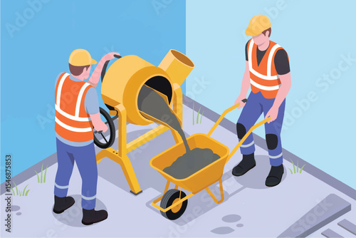 Construction workers using cement mixer and wheelbarrow isometric illustration isolated on transparent background