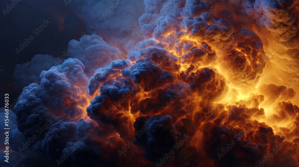 Fototapeta premium A large cloud of smoke and fire billowing upwards with dark blue and orange hues in the background