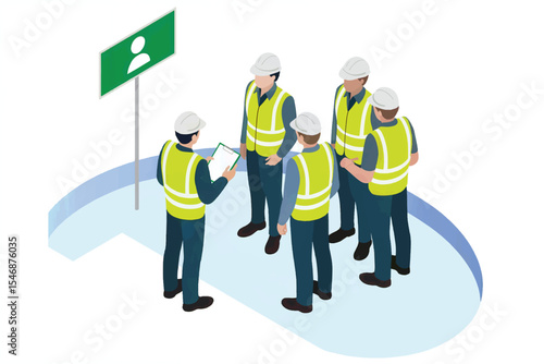 Construction workers meeting flat vector illustration isolated on transparent background