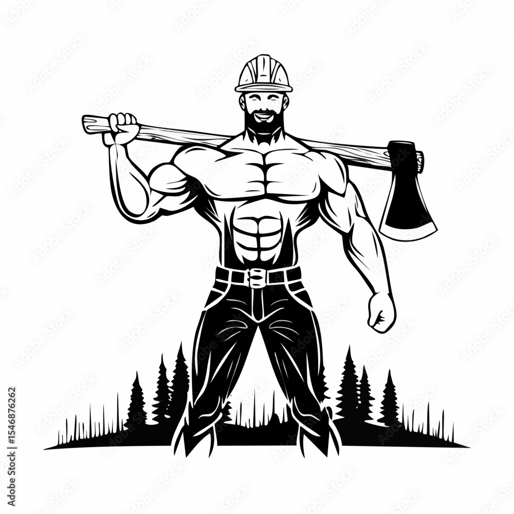 Obraz premium Muscular Lumberjack vector. Black and white Muscular Lumberjack Images on white background.