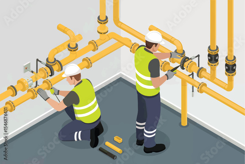 Two gas workers repairing yellow pipes isometric illustration isolated on transparent background