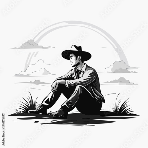 Lonely Cowboy Sitting on the Ground, Lost in Thought Under the Open Sky
