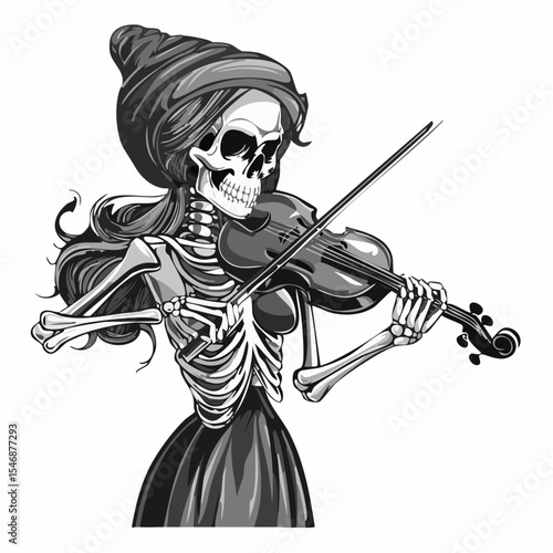 Human Skeleton Playing Violin Fiddle Image Vector isolated on white background