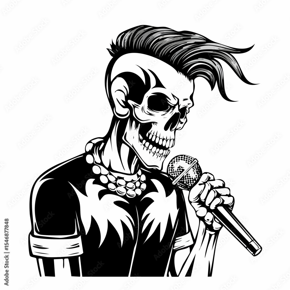 Skull punk singing and holding microphone Vector Image isolated on white background. Skull punk singing and holding microphone Vector Image isolated on white background.
