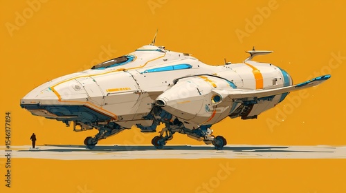 Fototapeta Naklejka Na Ścianę i Meble -  Futuristic spaceship on landing gear with a small figure on a yellow background art illustration