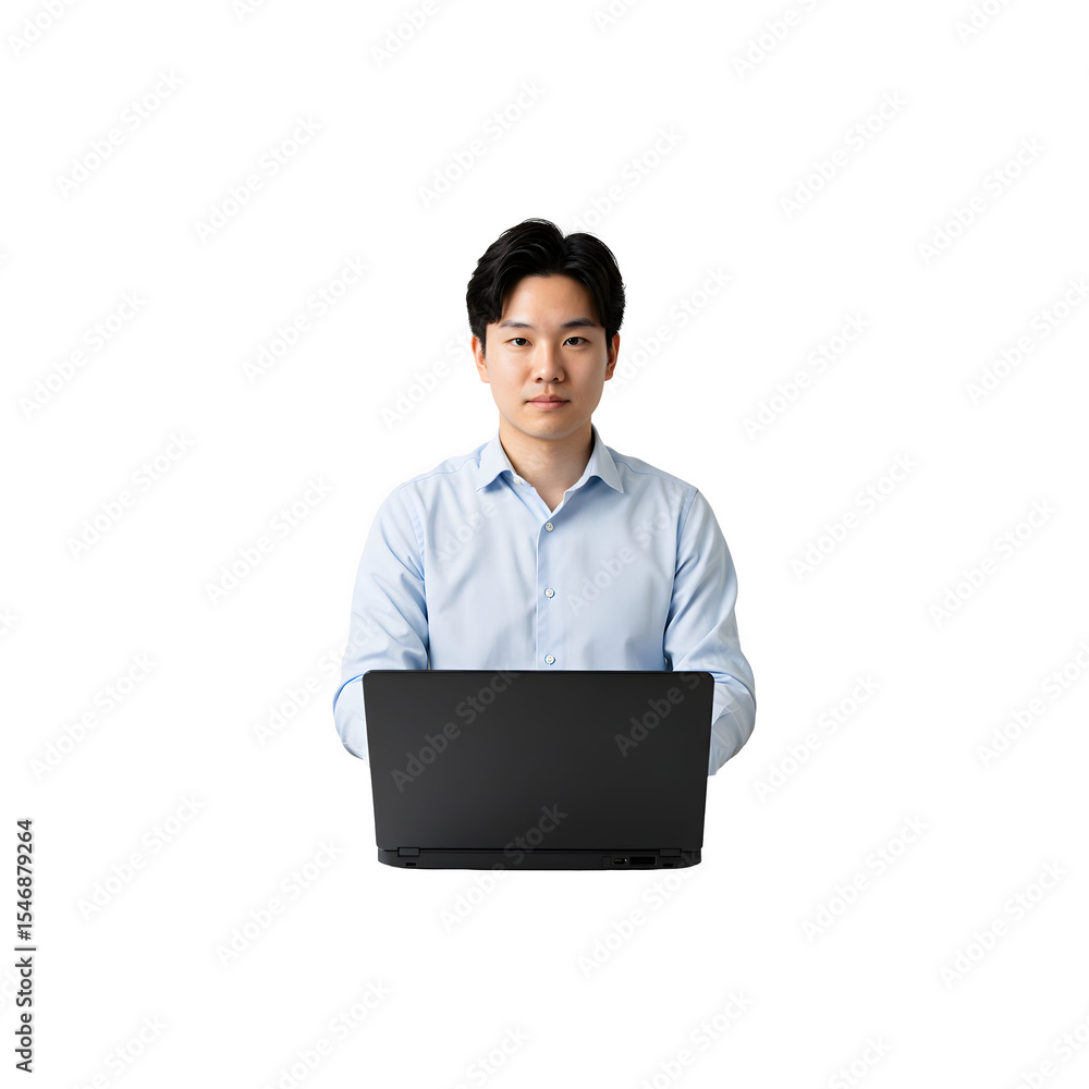 Young boy holding laptop and looking at screen isolated on white background Young boy holding laptop and looking at screen isolated on white background