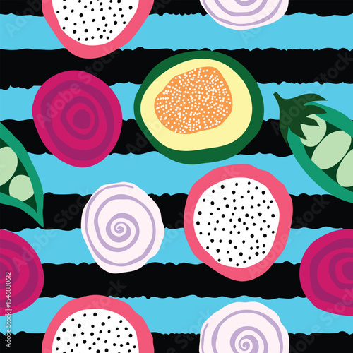vegetables and fruits with abstract black stripes seamless pattern. pitaya, onion rings, pink beetroots, papaya, peas on black stripes with blue background seamless pattern. Good for textile, fabric.