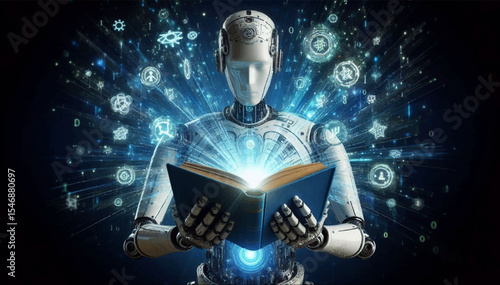 A fantastic illustration in which a cyborg reads a glowing book, gaining new knowledge on a black background. Vector graphics. EPS.