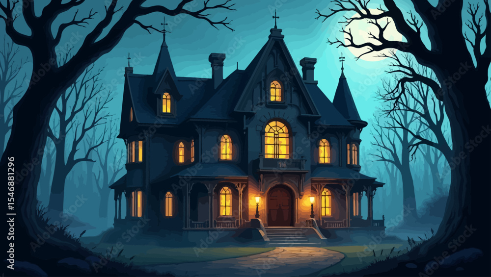 Haunted house illustration with warm lights, spooky trees, and full moon, ideal for Halloween or horror themed graphics. Haunted house illustration with warm lights, spooky trees, and full moon, ideal for Halloween or horror themed graphics.
