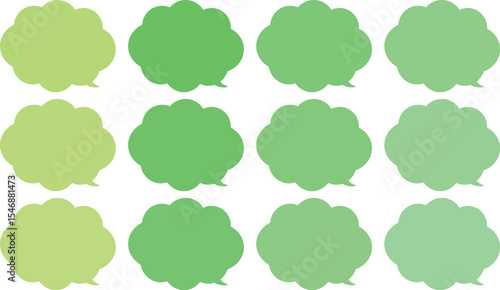 All the bubbles have a distinctive, rounded, cloud-like, or scalloped edge design. This vector image features twelve speech bubbles
