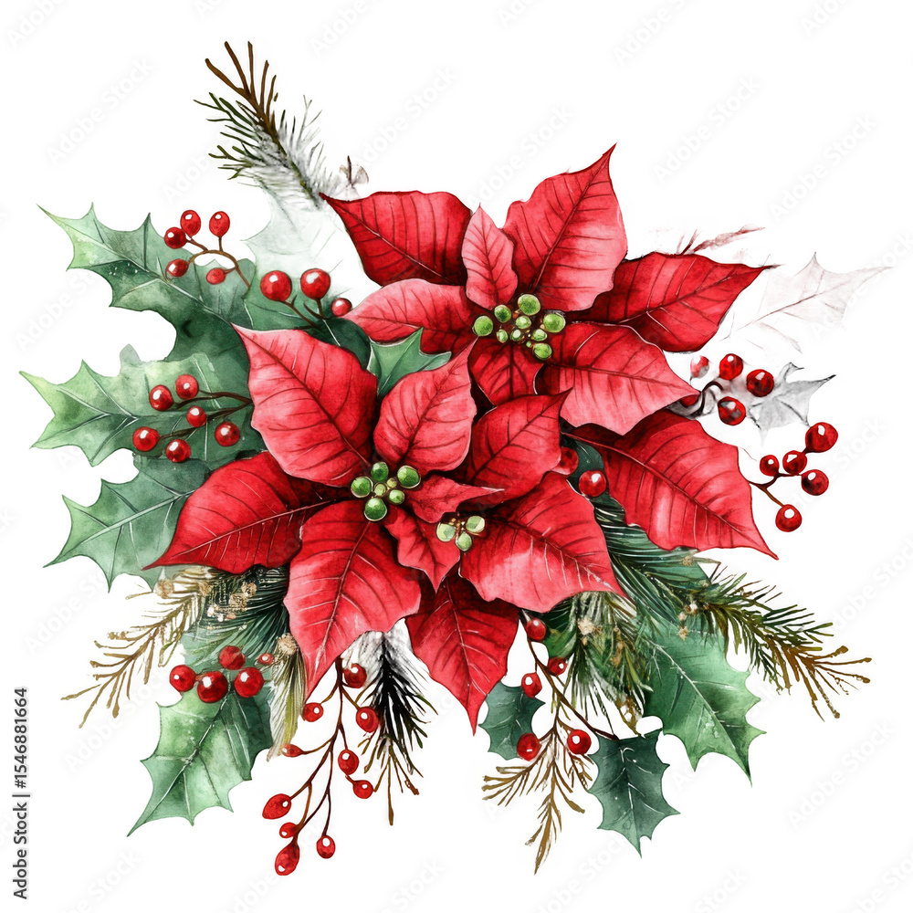 custom made wallpaper toronto digitalVibrant red poinsettia flowers surrounded by green leaves and berries, ideal for festive decorations