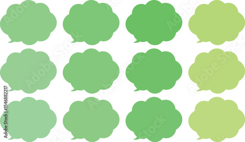 All the bubbles have a distinctive, rounded, cloud-like, or scalloped edge design. This vector image features twelve speech bubbles