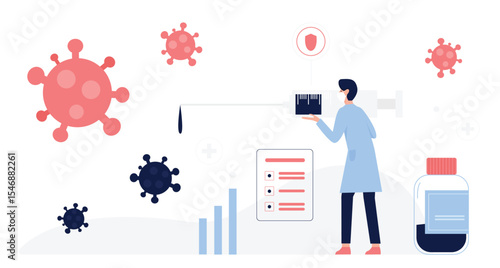 Medical professional with large syringe and vaccine bottle facing virus cells, representing immunization, disease prevention, and healthcare research on white background vector illustration