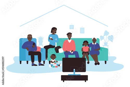Happy multigenerational african black family sitting on sofa enjoying time together watching television at home perfect for lifestyle, family, and leisure concepts isolated on white background vector