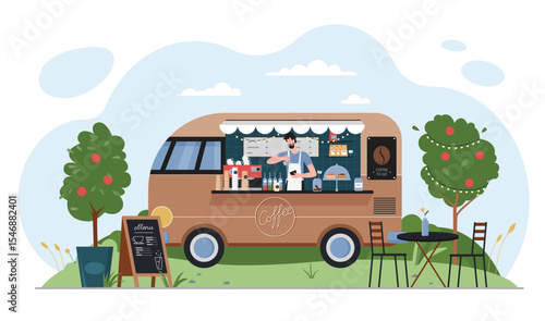 Coffee and food truck vector illustration. Cartoon car van with street cafe in summer city park or road, barista pouring takeaway hot coffee or latte cup, small mobile trailer with seller background