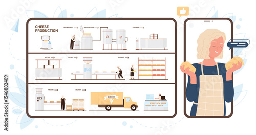 Process of cheese production in factory, infographic vector illustration. Cartoon automated equipment, machinery and workers making food product, happy customer holding cheese snack background