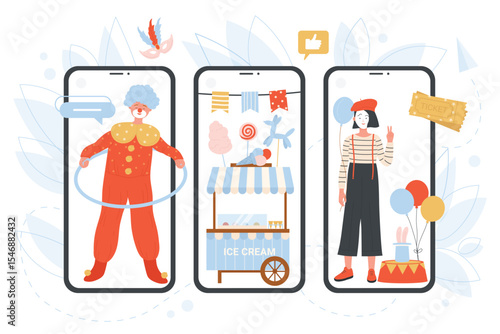 Circus online tickets on screens of mobile phones vector illustration. Cartoon clown and mime performing show, magic tricks with bunny and hat of magician, sale of ice cream and sweets for children