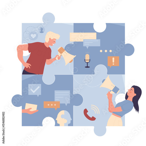 Communication of couple people with megaphones vector illustration. Cartoon man and woman holding loudspeakers and shouting, speech or discussion of boyfriend and girlfriend inside puzzle pieces