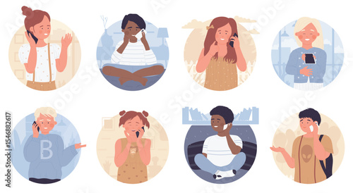 Little kids talk mobile phone in round avatar set vector illustration. Cartoon boy and girl talking on smartphone in room or outdoors, positive conversation with friends or parents isolated on white