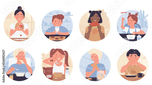 Kids eat food in round avatar set vector illustration. Cartoon hungry girls and boys sitting at table, eating soup spaghetti sandwich muesli cookies croissant watermelon noodles in cafe or at home