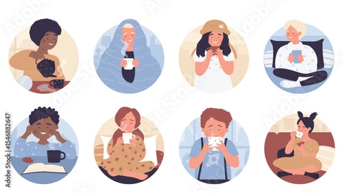 Kids drink hot tea, with milk, chocolate or cocoa in round avatar set vector illustration. Cartoon happy girls and boys wear warm clothes, sitting at table, on home sofa, holding cups with drink