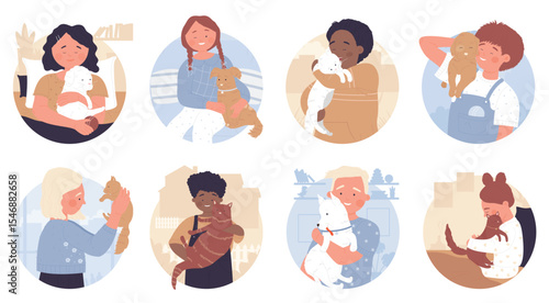 Cute kids with pets in round avatar set vector illustration. Cartoon boy and girl pet owners hug funny dog and cat with love, sitting or standing together with puppy and kitten isolated on white