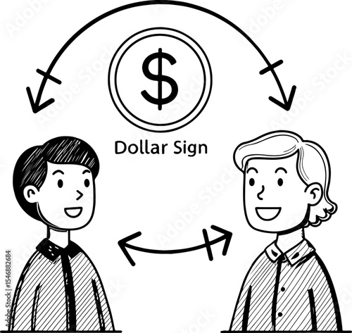 Two people exchanging money dollar sign illustration