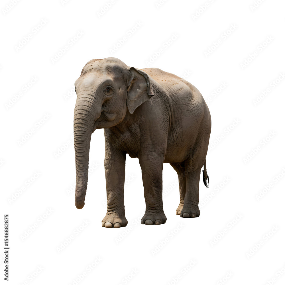Obraz premium Realistic elephant standing in calm pose showing large ears and tusks on white background