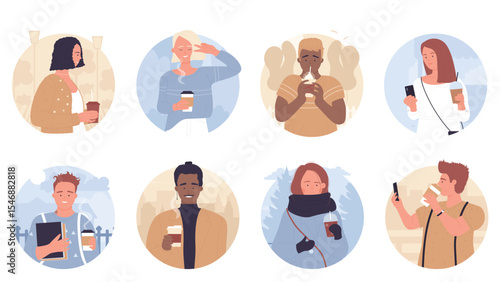 People drinking takeaway coffee on round avatar set vector illustration. Cartoon woman, man wearing stylish casual clothes, walking on city street with coffee cup, modern lifestyle isolated on white