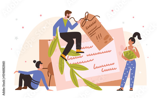 People holding paper letter envelope vector illustration. Cartoon small characters write, receive or send handwritten postal letter mail, woman holding big postage vintage stamp isolated on white