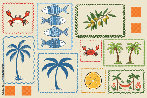 Hand Drawn Vector Set of Tropical Summer Elements with Palm Trees Fishes Crabs Lemon Olive and Nautical Beach Theme for Holiday Design, Italian summer Mediterranean trendy postage stamps.