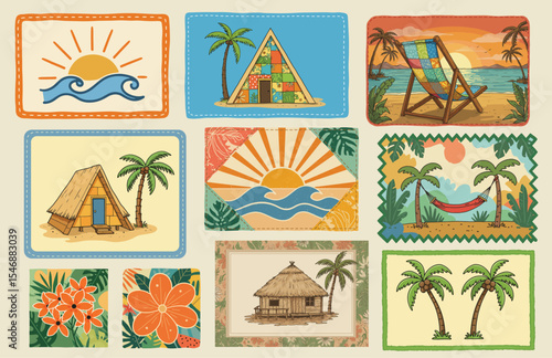 Tropical Beach Summer Elements Vector Set with Huts Palm Trees Flowers Sun and Sunset Illustrations for Vacation and Holiday Designs, Italian summer Mediterranean trendy postage stamps.