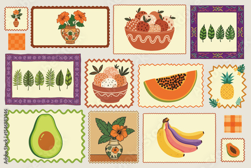Vintage Tropical Summer Fruit and Leaf Pattern Elements Vector Set with Boho Floral Style for Seasonal Decoration and Design Assets, Italian summer Mediterranean trendy postage stamps.