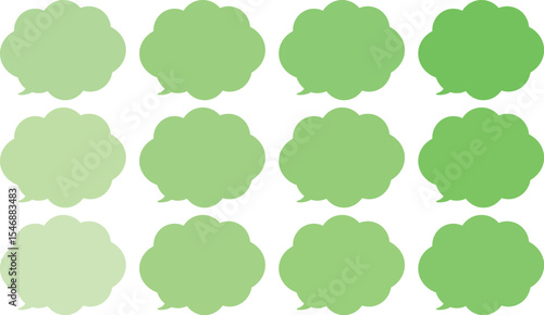 All the bubbles have a distinctive, rounded, cloud-like, or scalloped edge design. This vector image features twelve speech bubbles