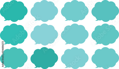 緑色の雲の形をした、モコモコの吹き出しセット。緑色のバリエーションがある、アソートカラー。フキダシの尻尾は左下。