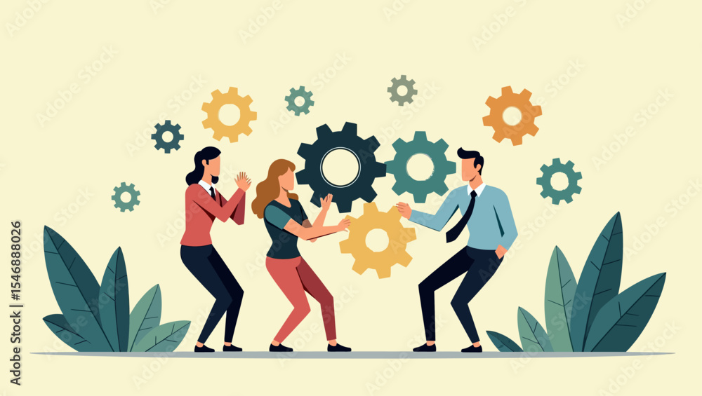 Business teamwork concept with three coworkers working together surrounded by gear icons symbolizing productivity and collaboration. Business teamwork concept with three coworkers working together surrounded by gear icons symbolizing productivity and collaboration.