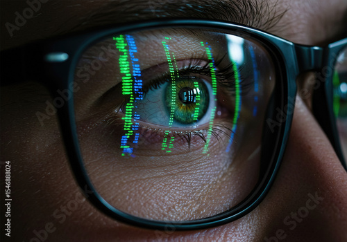 Wallpaper Mural Focused developer coder wears glasses working on computer looking at programming code data cyber security digital tech reflecting in spectacles developing software program, focus on eye close up view. Torontodigital.ca