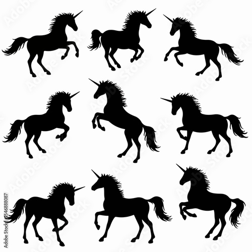 Unicorn silhouettes, fantasy equine animal design