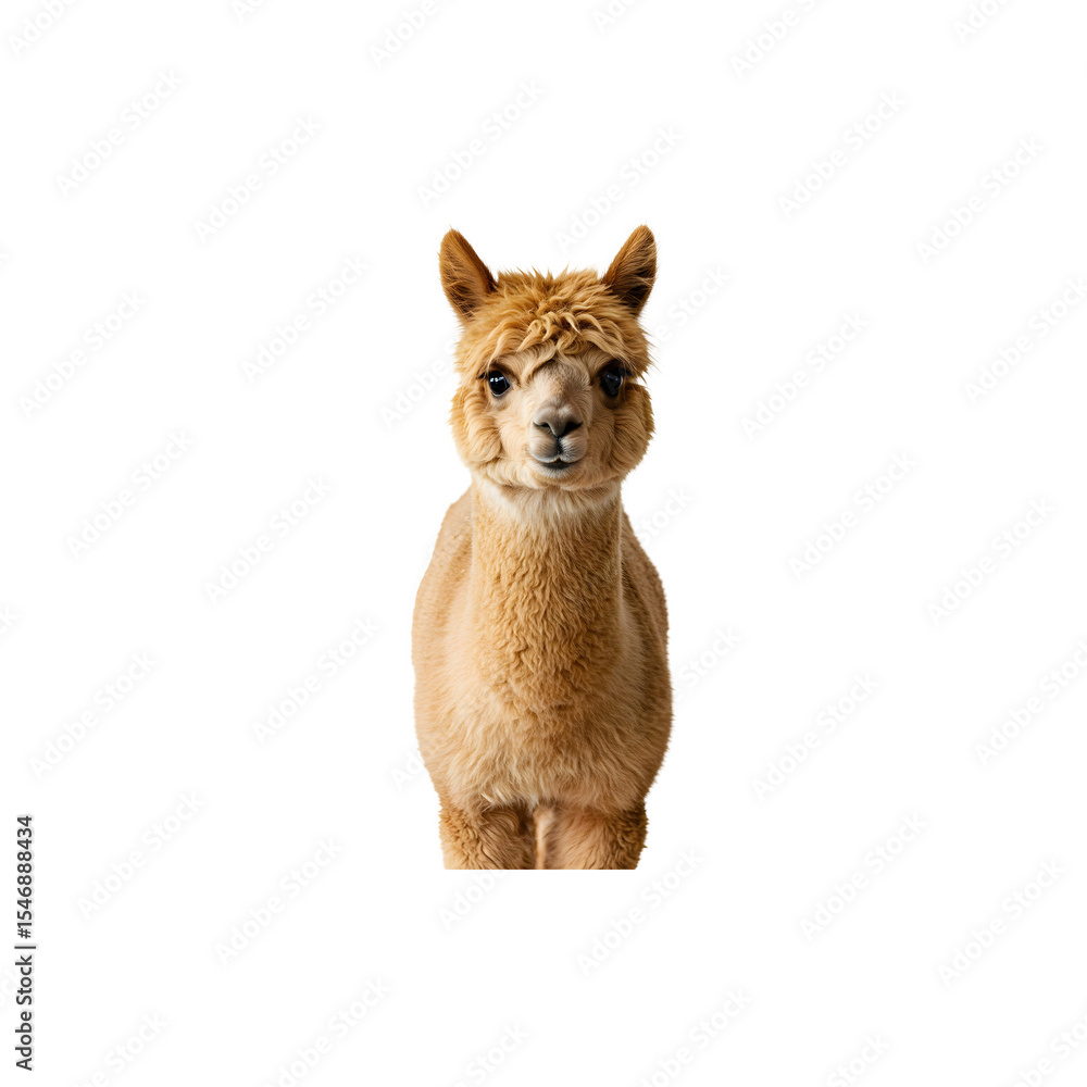 Obraz premium Cute brown alpaca or llama standing calmly and facing forward on white background