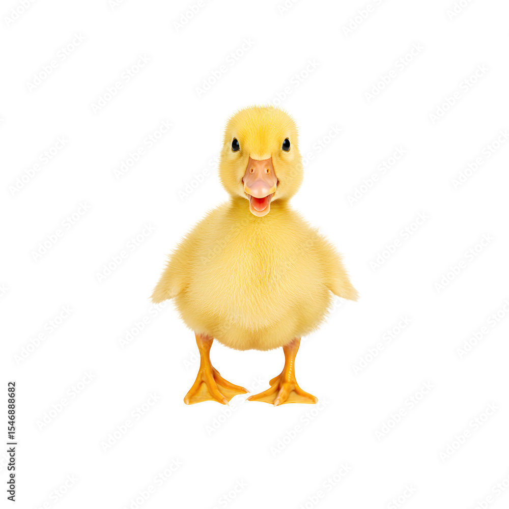 Fototapeta premium Cute yellow duckling standing upright and facing forward against a white backdrop