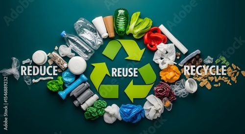 Reduce, Reuse, Recycle concept with plastic bottles, food waste, and green arrows on dark teal background